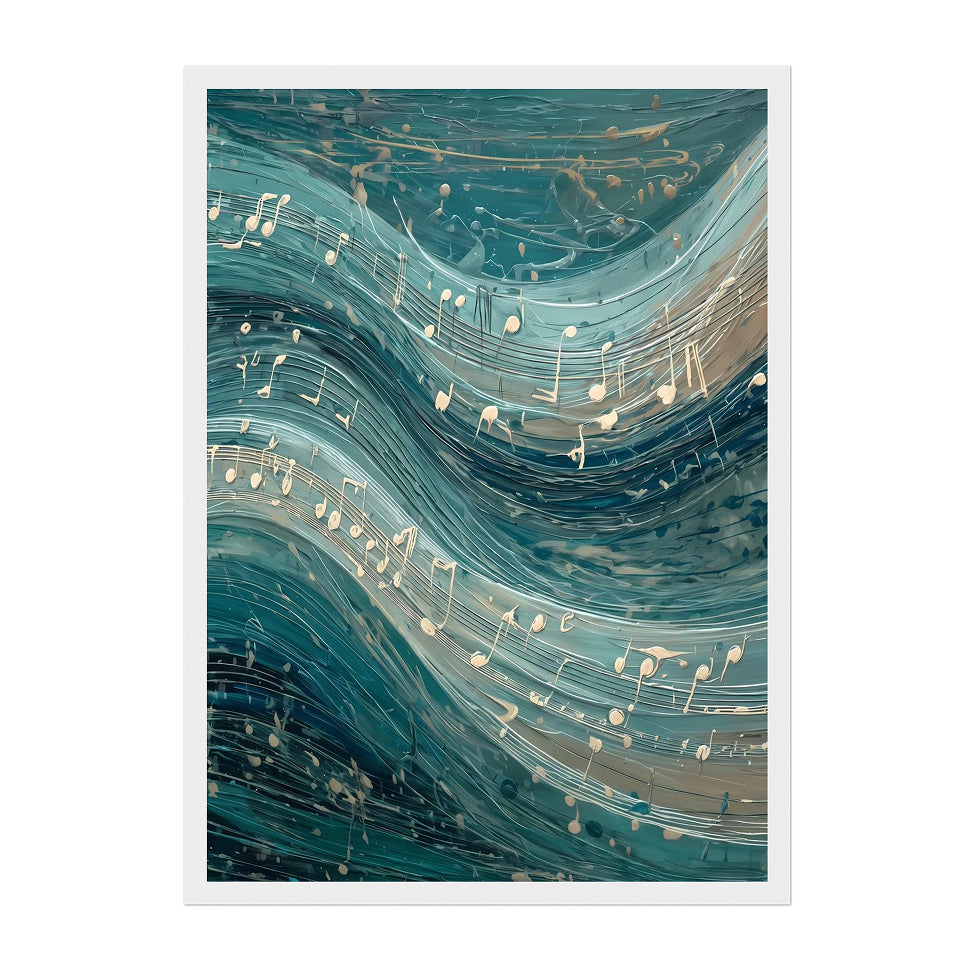 Abstract Musical Wave Art Print: Teal Flowing Notes Ocean Rhythm Scene