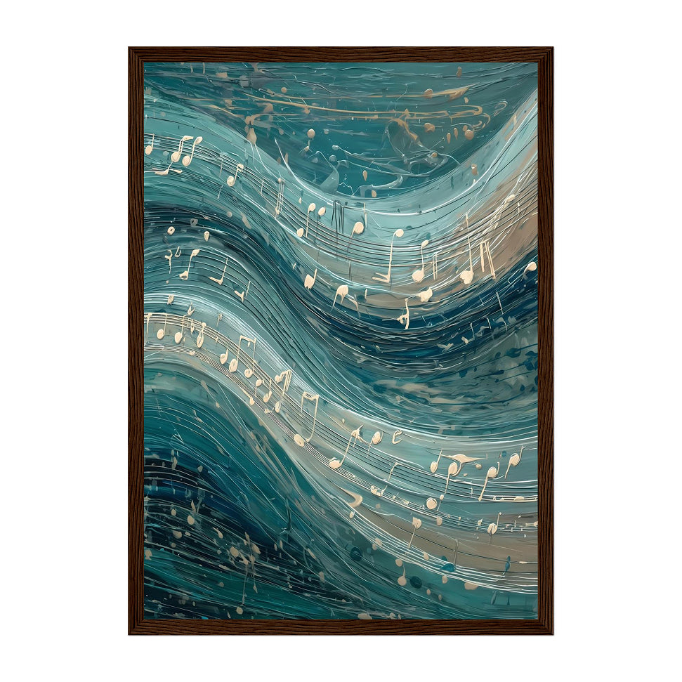 Abstract Musical Wave Art Print: Teal Flowing Notes Ocean Rhythm Scene