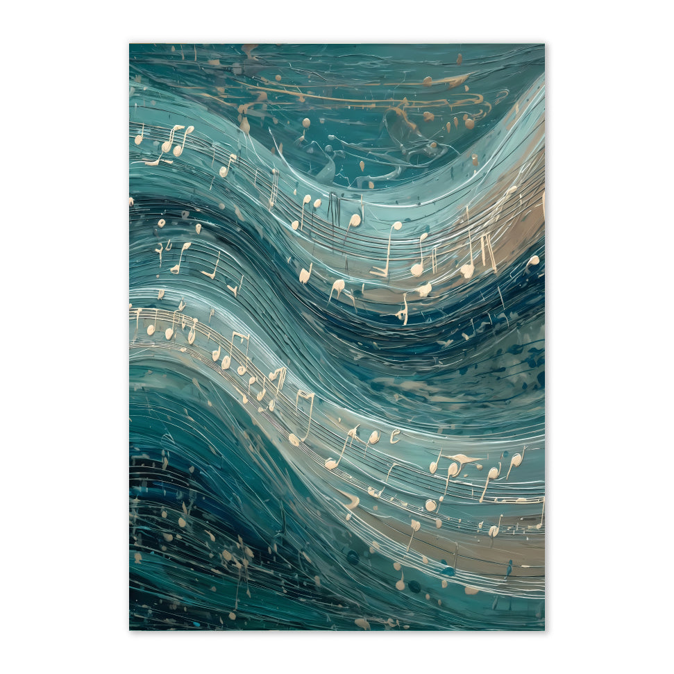 Abstract Musical Wave Art Print: Teal Flowing Notes Ocean Rhythm Scene