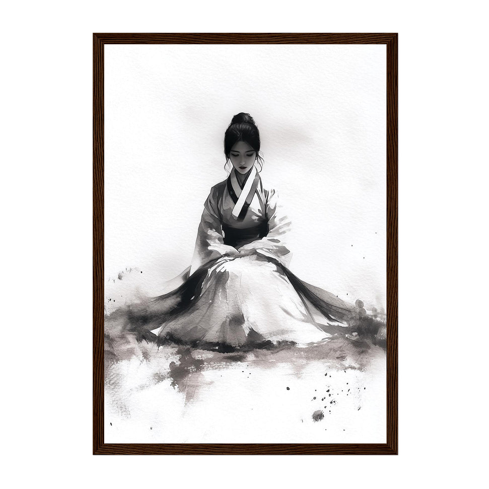 Korean Ink Portrait Art Print: Monochrome Traditional Hanbok Woman