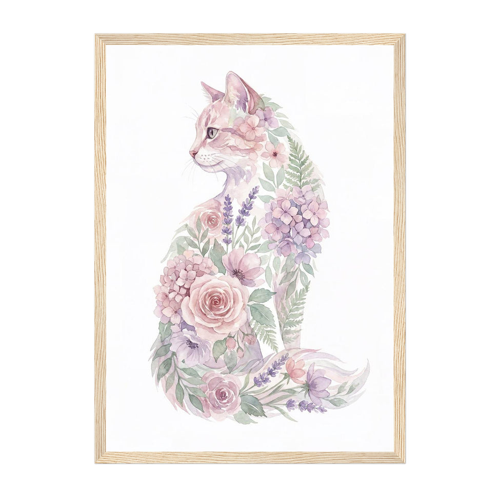 Watercolor Botanical Cat Art Print: Pastel Calm Floral Portrait