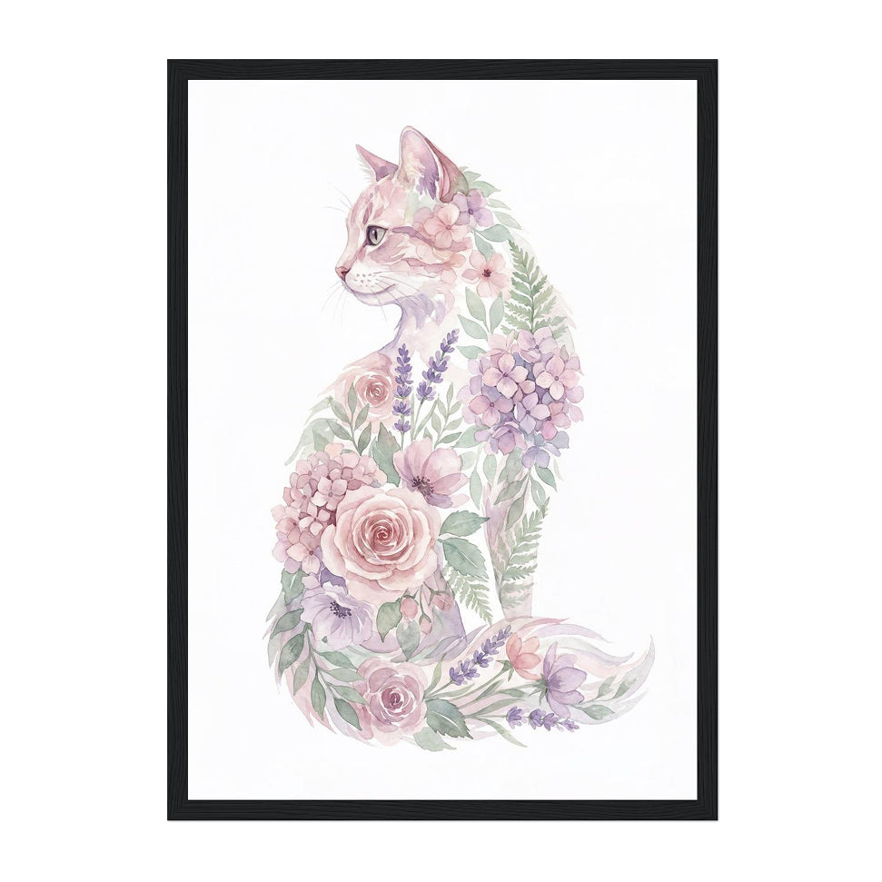 Framed artwork of a cat surrounded by floral elements on a white background