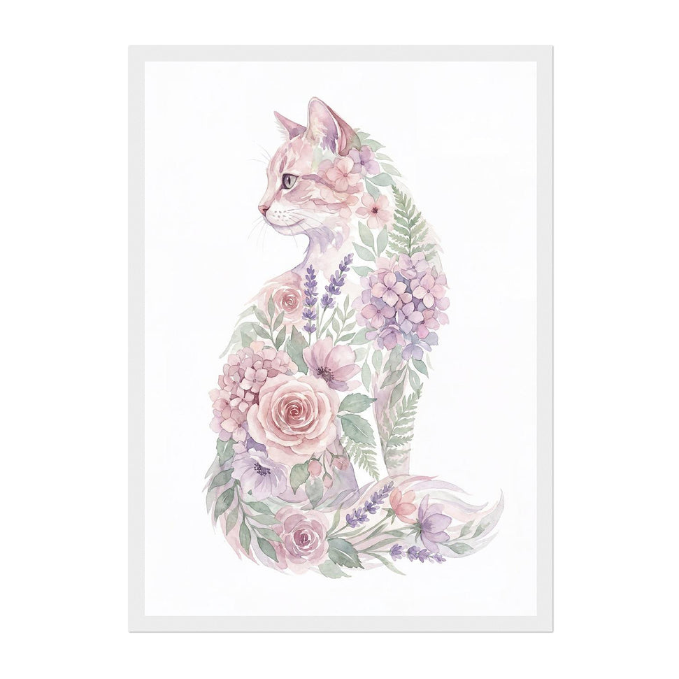 Watercolor Botanical Cat Art Print: Pastel Calm Floral Portrait