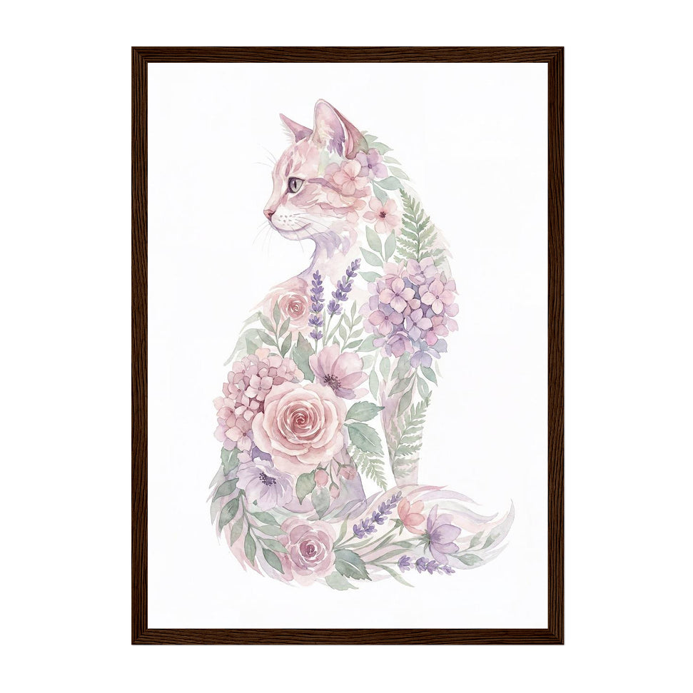 Watercolor Botanical Cat Art Print: Pastel Calm Floral Portrait