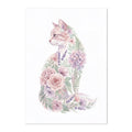 Illustration of a cat surrounded by flowers and foliage on a white background