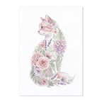 Illustration of a cat surrounded by flowers and foliage on a white background