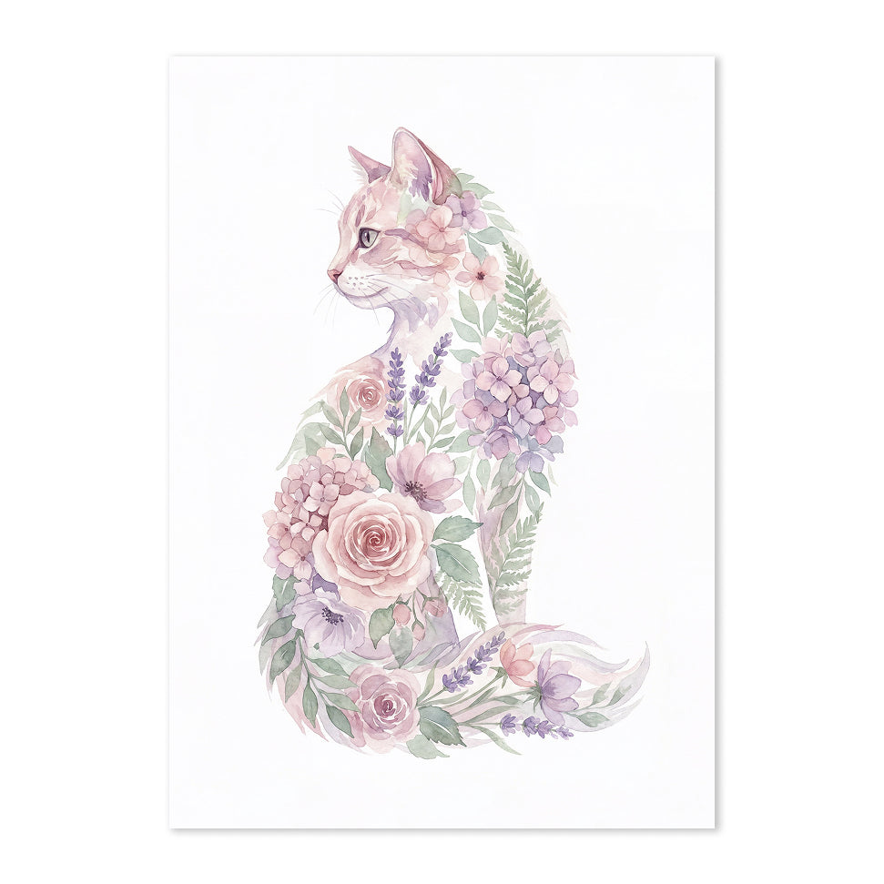 Illustration of a cat surrounded by flowers and foliage on a white background