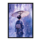 Japanese Watercolor Woman Art Print: Lavender Kimono Under Wisteria Glow
