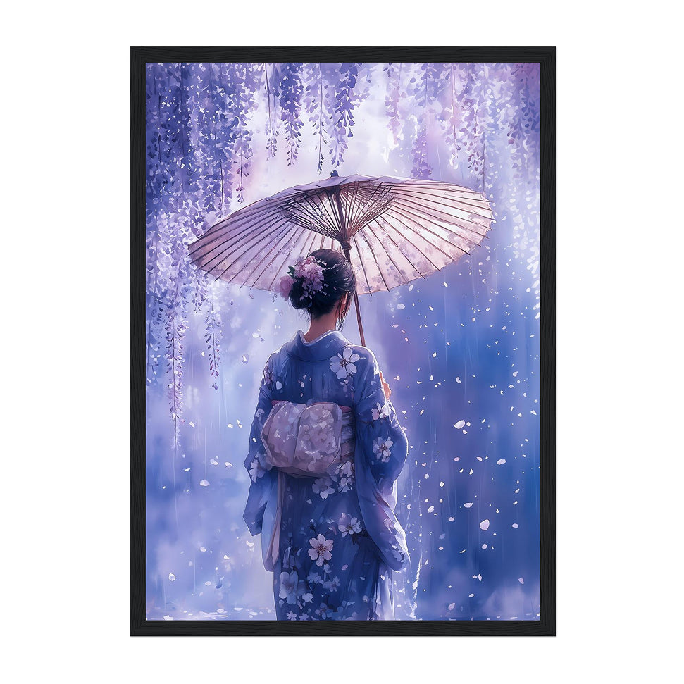 Japanese Watercolor Woman Art Print: Lavender Kimono Under Wisteria Glow