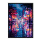 Framed artwork of a vibrant city street at night with neon lights and reflections on wet pavement.