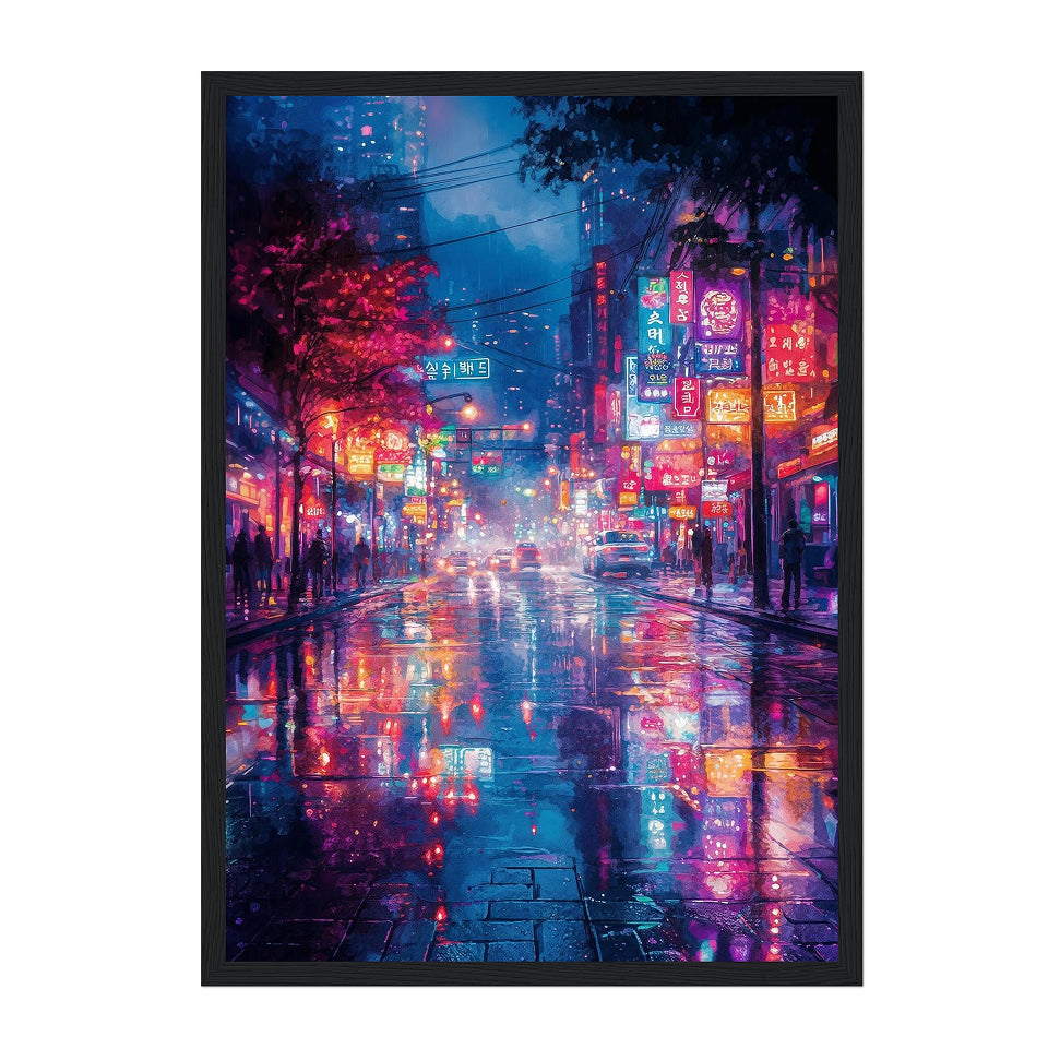 Framed artwork of a vibrant city street at night with neon lights and reflections on wet pavement.