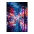 Colorful city street at night with neon lights and reflections on a wet road.