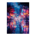 Colorful city street at night with neon lights and reflections on a wet road.