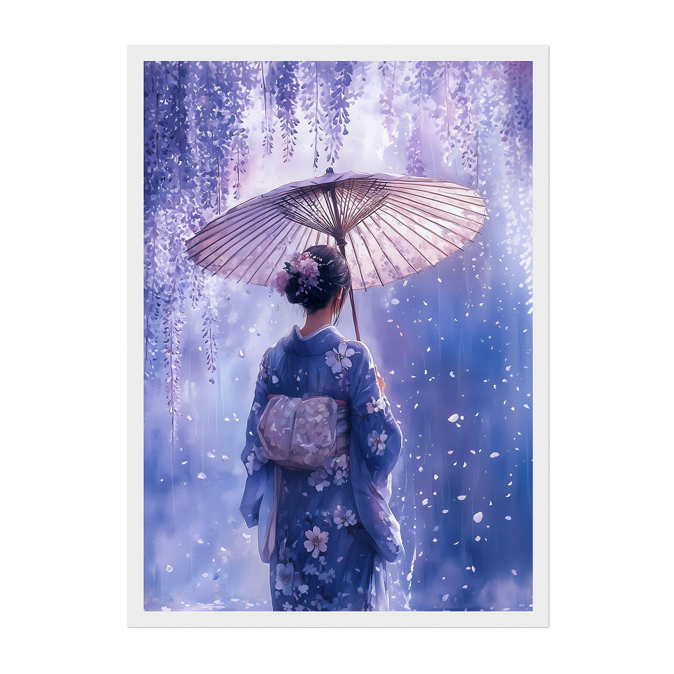 Japanese Watercolor Woman Art Print: Lavender Kimono Under Wisteria Glow