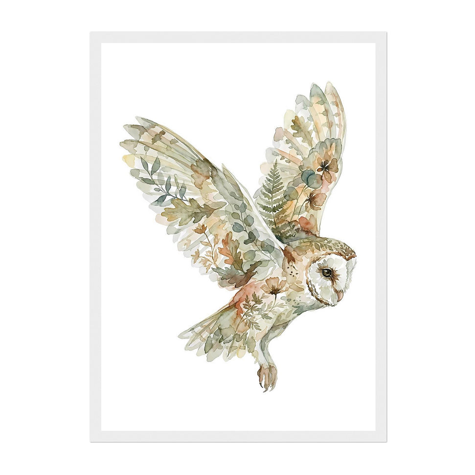 Botanical Watercolor Owl Art Print: Soft Earthy Woodland Flight