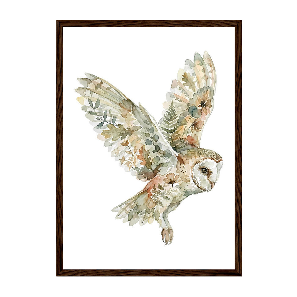 Botanical Watercolor Owl Art Print: Soft Earthy Woodland Flight