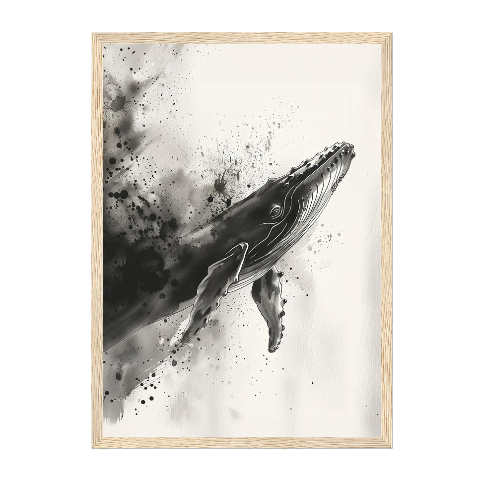 Ink Wash Whale Art Print: Monochrome Ocean Minimal Splash Scene