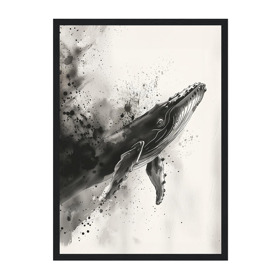 Ink Wash Whale Art Print: Monochrome Ocean Minimal Splash Scene