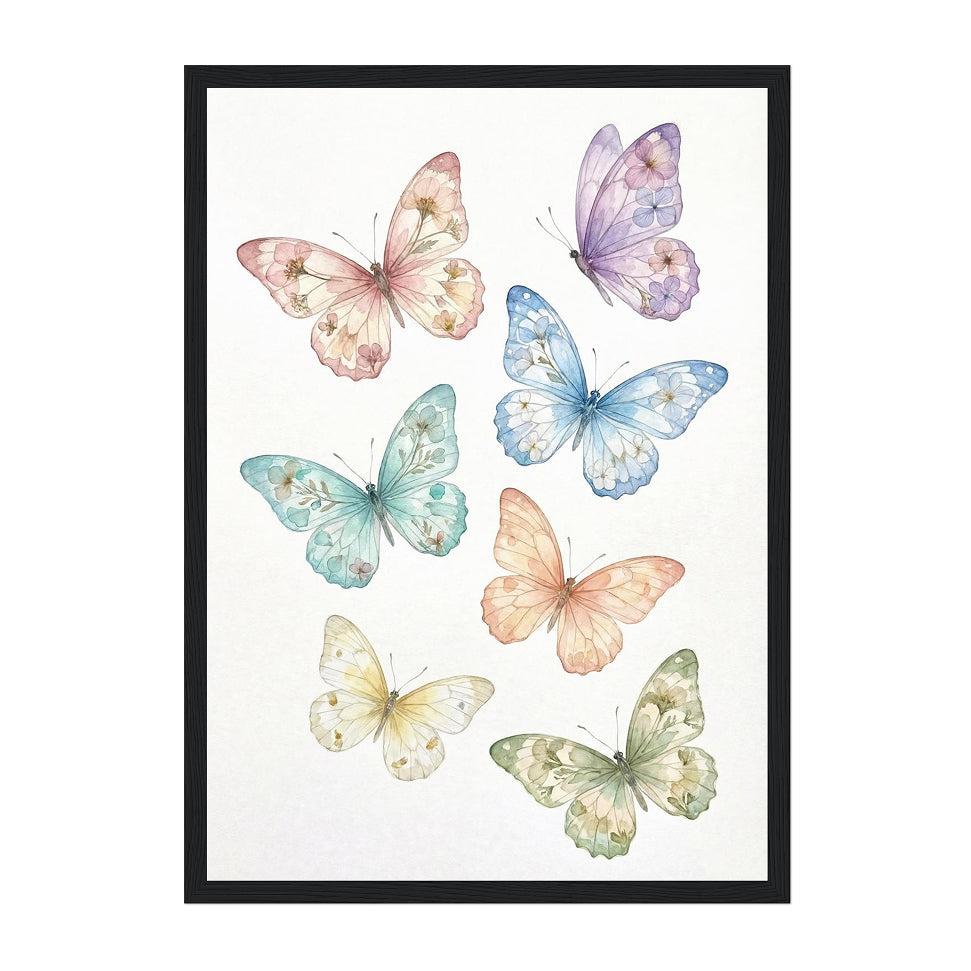 Framed artwork with colorful butterflies on a white background