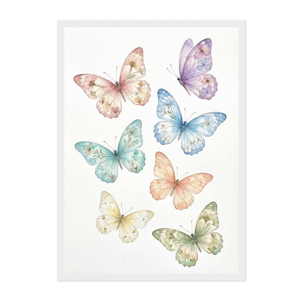 Watercolor Botanical Butterflies Art Print: Pastel Dreamy Spring Wall Decor