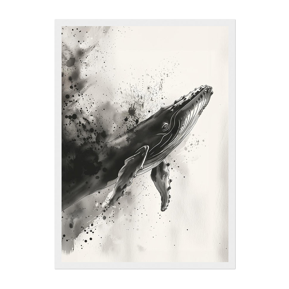 Ink Wash Whale Art Print: Monochrome Ocean Minimal Splash Scene