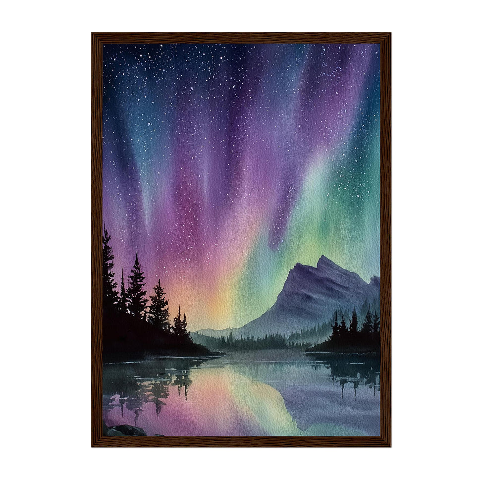 Framed artwork of a mountain landscape with aurora borealis