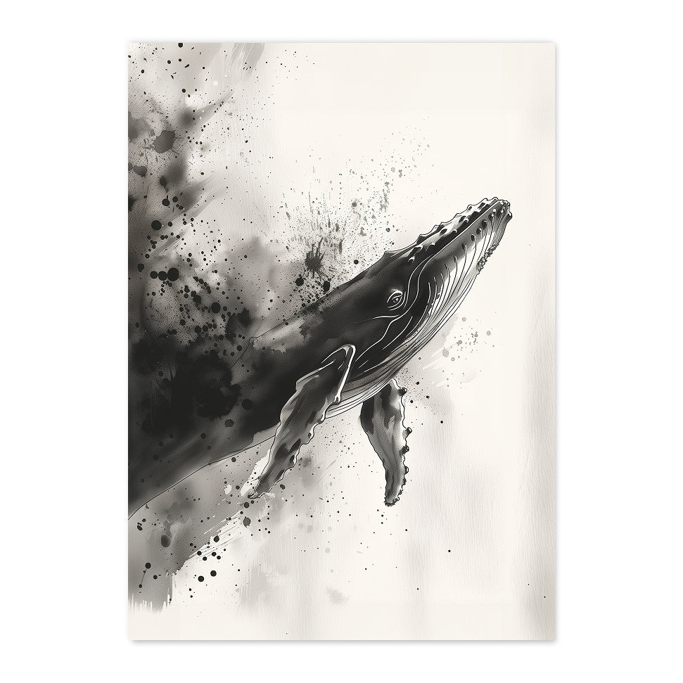 Black and white whale illustration on a textured background