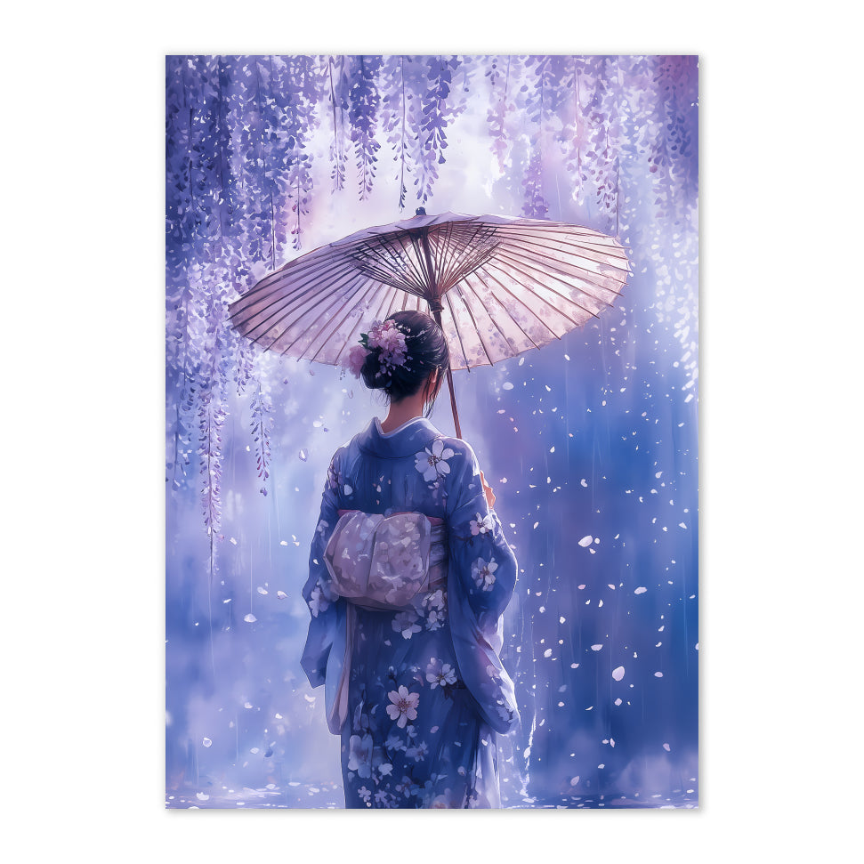 Japanese Watercolor Woman Art Print: Lavender Kimono Under Wisteria Glow