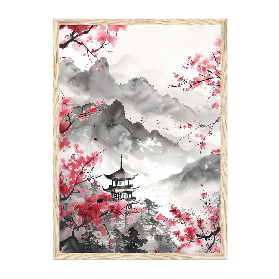 Ink Wash Mountain Pagoda Art Print: Soft Pink Blossom Mist Landscape Scene