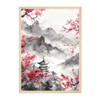 Ink Wash Mountain Pagoda Art Print: Soft Pink Blossom Mist Landscape Scene