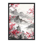Ink Wash Mountain Pagoda Art Print: Soft Pink Blossom Mist Landscape Scene