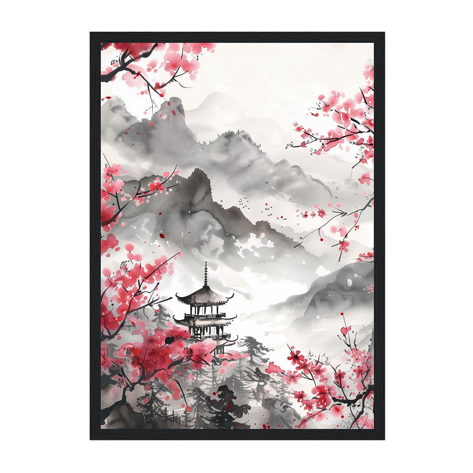 Ink Wash Mountain Pagoda Art Print: Soft Pink Blossom Mist Landscape Scene