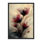 Framed abstract art with red and beige flowers on a white background