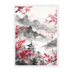 Ink Wash Mountain Pagoda Art Print: Soft Pink Blossom Mist Landscape Scene