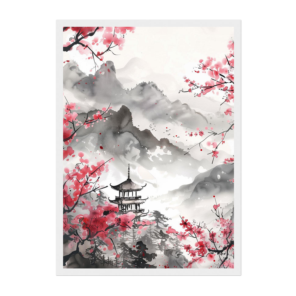 Ink Wash Mountain Pagoda Art Print: Soft Pink Blossom Mist Landscape Scene