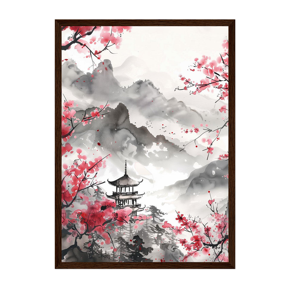 Ink Wash Mountain Pagoda Art Print: Soft Pink Blossom Mist Landscape Scene