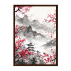 Ink Wash Mountain Pagoda Art Print: Soft Pink Blossom Mist Landscape Scene