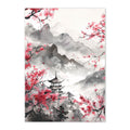 Artistic depiction of cherry blossoms and a pagoda with mountainous background