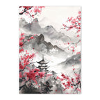 Artistic depiction of cherry blossoms and a pagoda with mountainous background