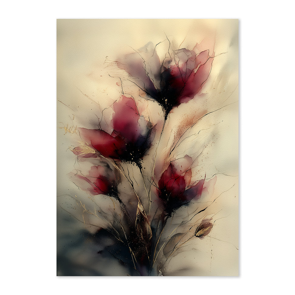 Abstract painting of red and white flowers on a beige background