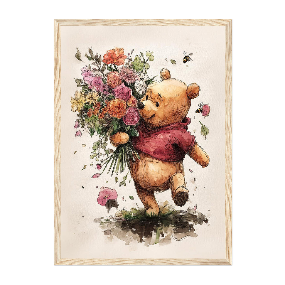 Framed artwork of Winnie the Pooh holding flowers on a white background