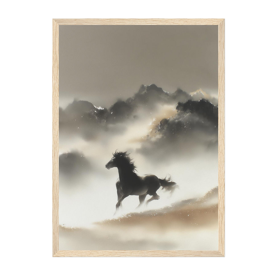 Minimalist Ink Wash Horse Art Print: Soft Neutrals Serene Wild Landscape