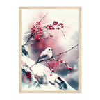 Japanese Ink Bird Shima-Enaga Art Print: Soft Winter Calm Plum Branch