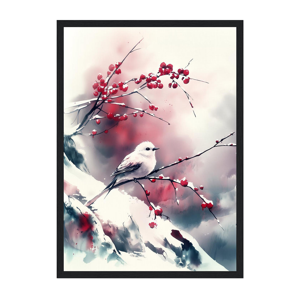 Japanese Ink Bird Shima-Enaga Art Print: Soft Winter Calm Plum Branch