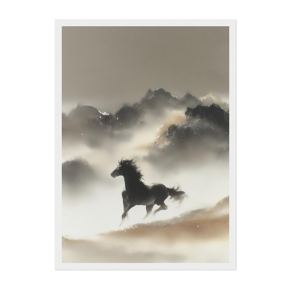 Minimalist Ink Wash Horse Art Print: Soft Neutrals Serene Wild Landscape