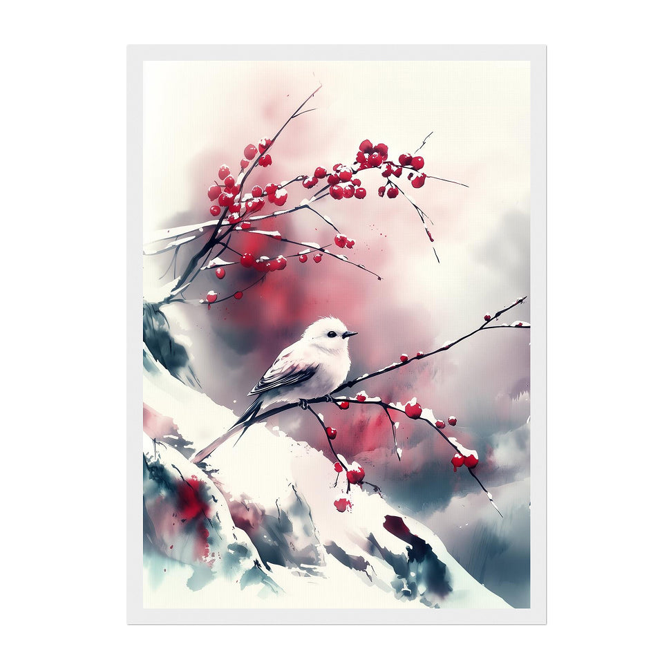 Japanese Ink Bird Shima-Enaga Art Print: Soft Winter Calm Plum Branch