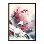 Japanese Ink Bird Shima-Enaga Art Print: Soft Winter Calm Plum Branch