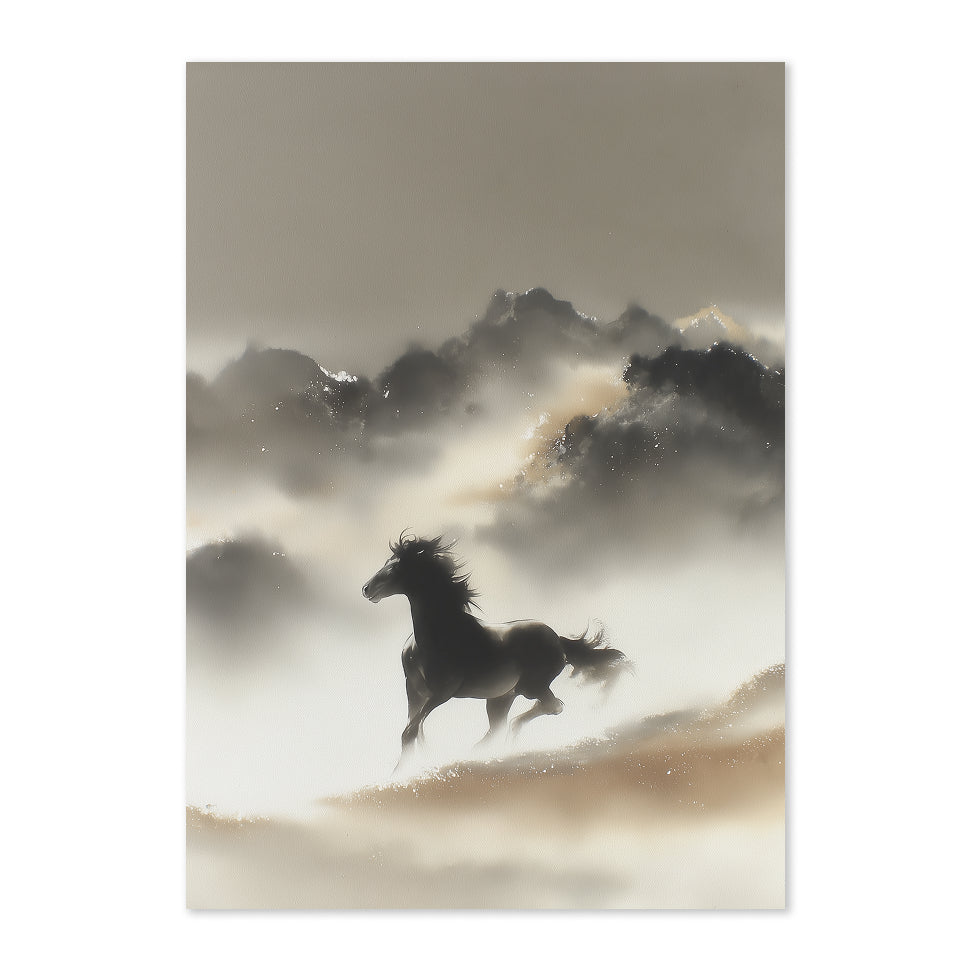 Silhouette of a horse running in front of a mountainous landscape with mist.