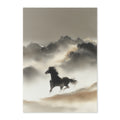 Silhouette of a horse running in front of a mountainous landscape with mist.