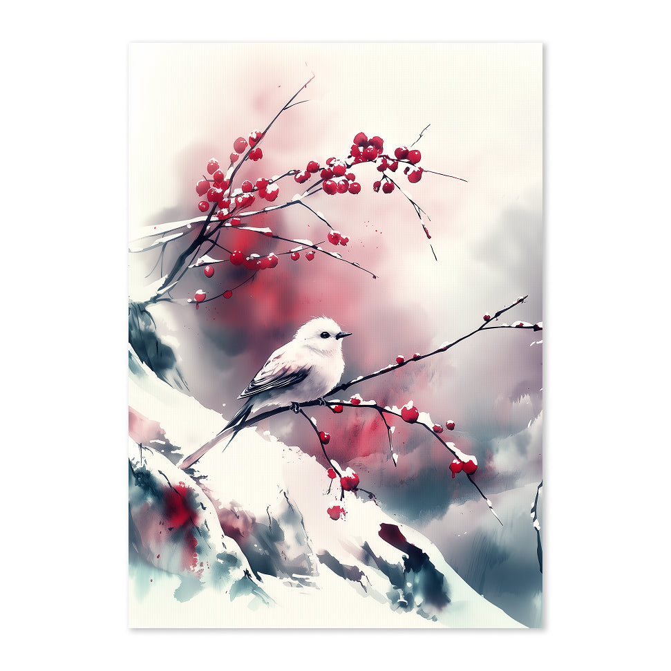 Painting of a bird perched on a branch with red berries against a snowy background